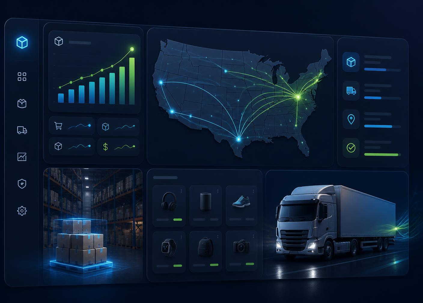 QuickArtisik BD warehouse dashboard showing US shipping routes, live order analytics, and same-day fulfillment